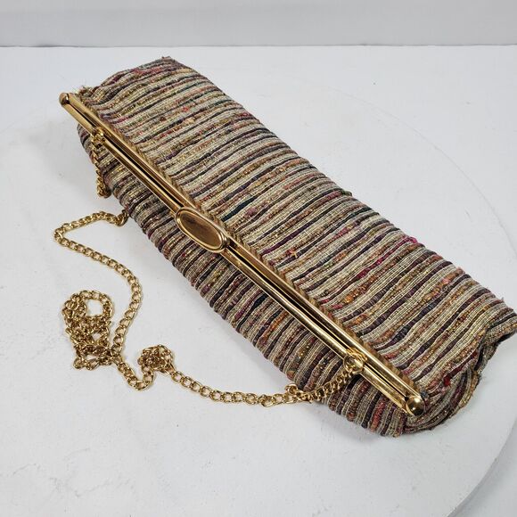 Vintage Ribbed Fabric Clutch Shoulder Bag Tan Fabric Hinged Purse Unisex - Picture 1 of 5
